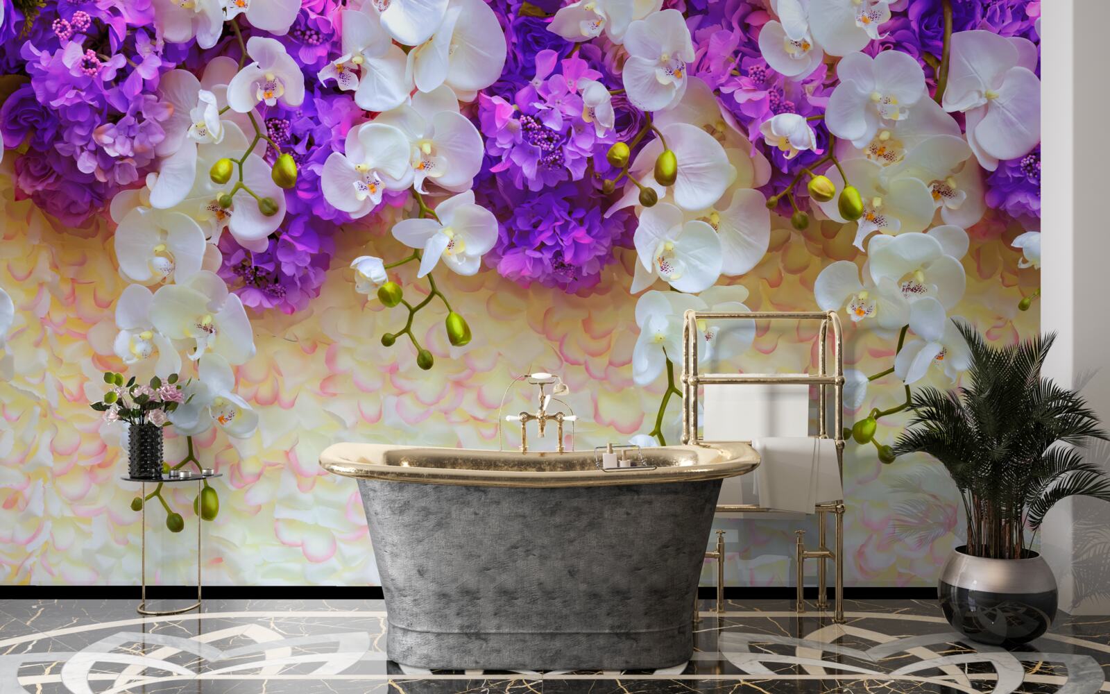 Papier peint Orchidées blanches et fleurs de lilas