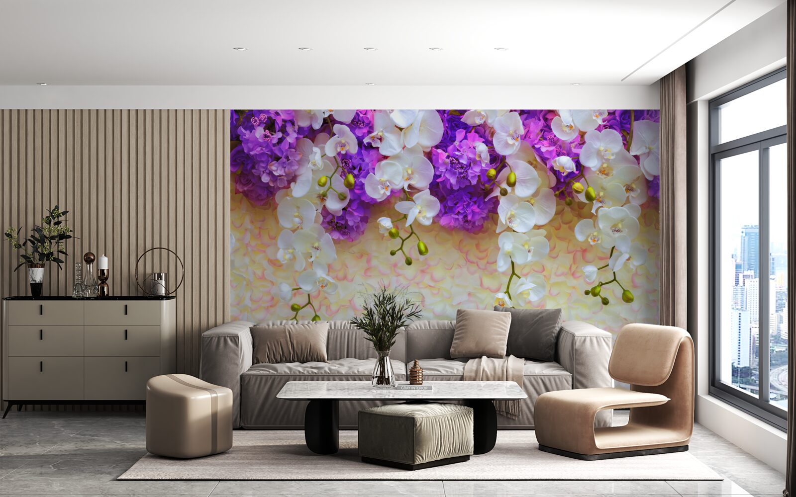 Papier peint Orchidées blanches et fleurs de lilas