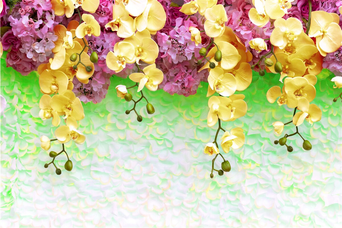 Papier peint bourgeons inflammables jaune-rouge sur une base pâle