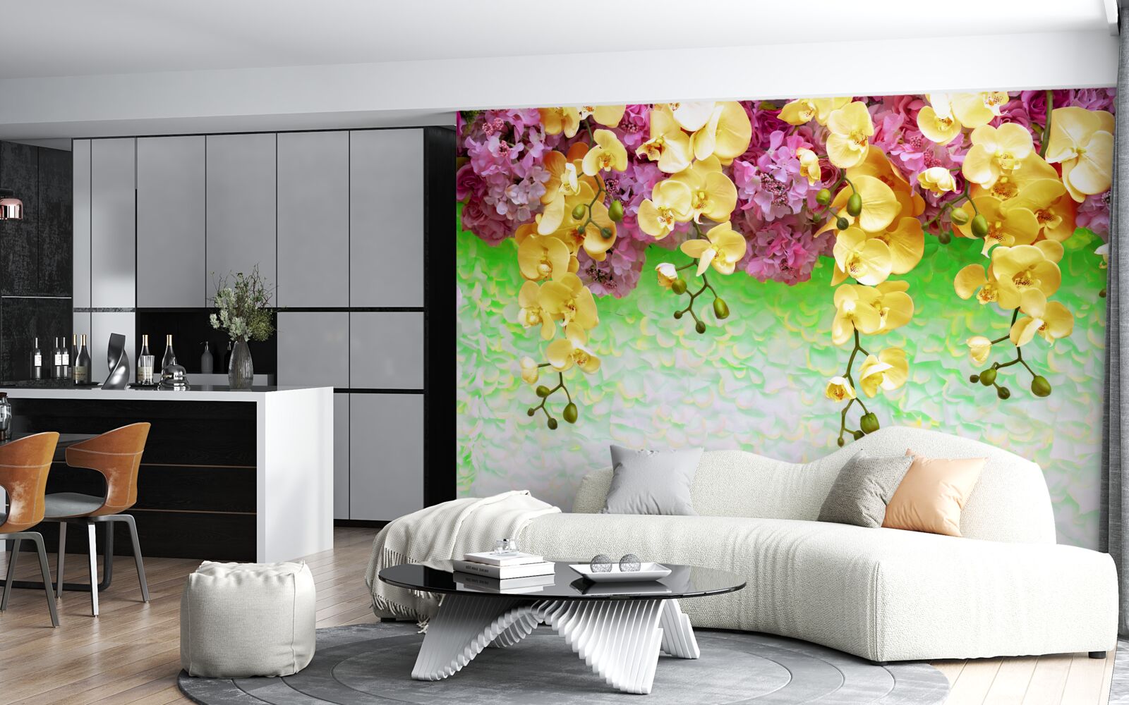 Papier peint bourgeons inflammables jaune-rouge sur une base pâle