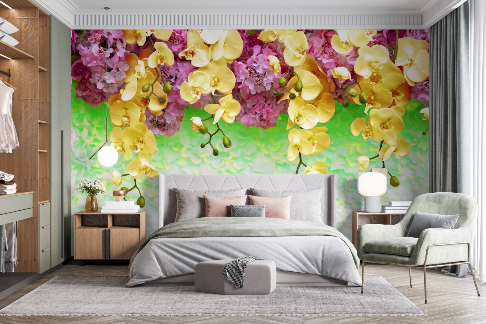 Papier peint bourgeons inflammables jaune-rouge sur une base pâle