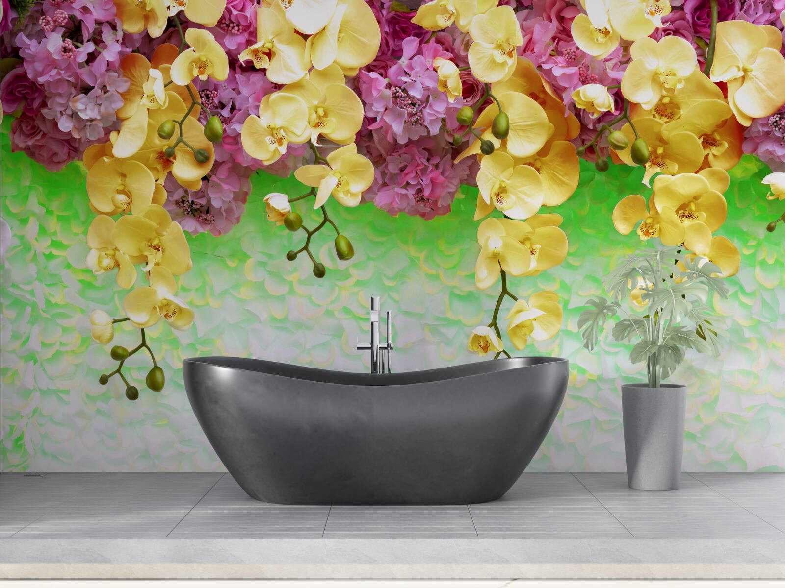 Papier peint bourgeons inflammables jaune-rouge sur une base pâle