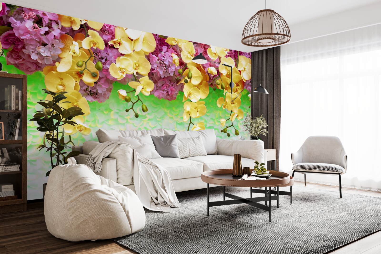 Papier peint bourgeons inflammables jaune-rouge sur une base pâle