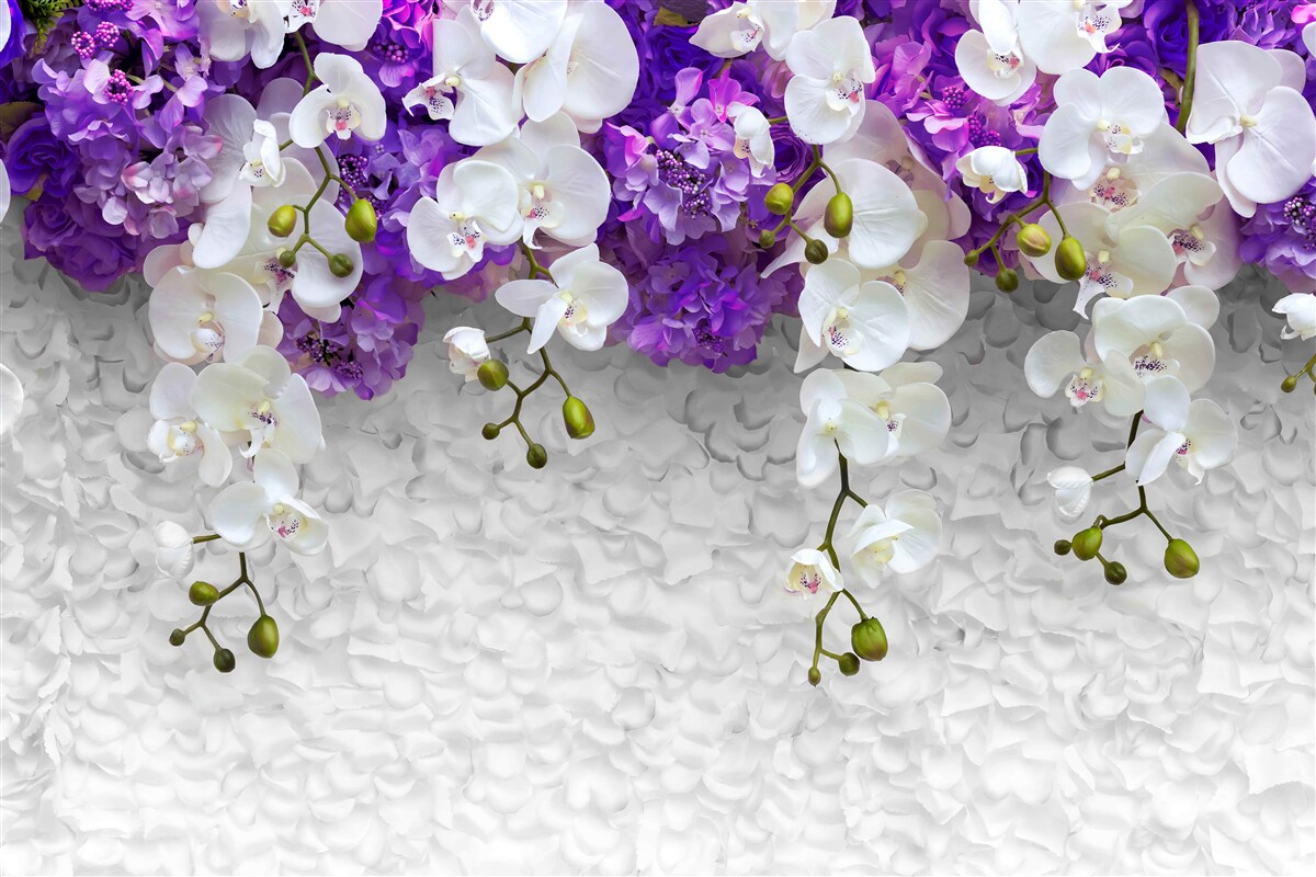 Papier peint barrière de plantes violettes et orchidée blanche