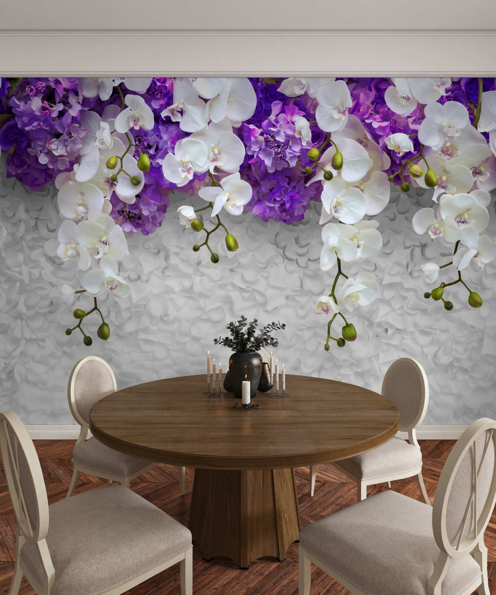 Papier peint barrière de plantes violettes et orchidée blanche