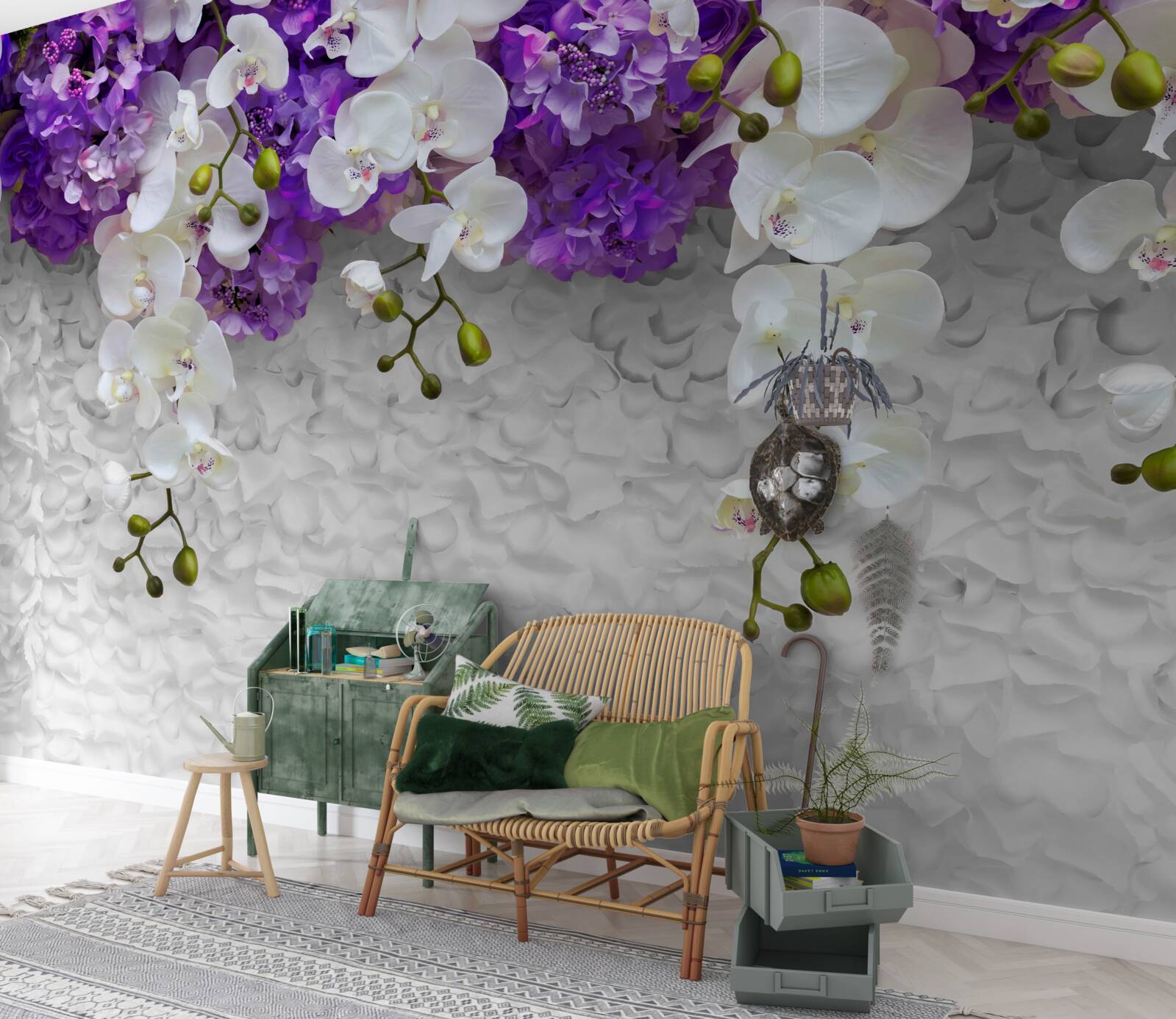 Papier peint barrière de plantes violettes et orchidée blanche