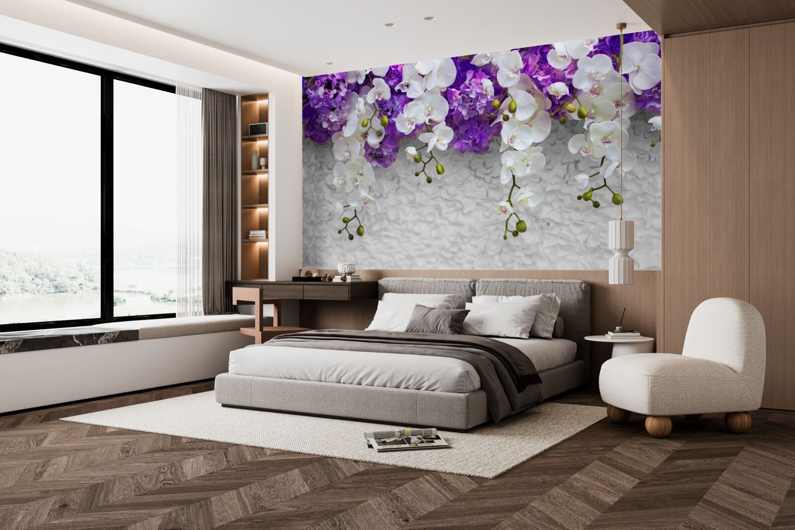 Papier peint barrière de plantes violettes et orchidée blanche