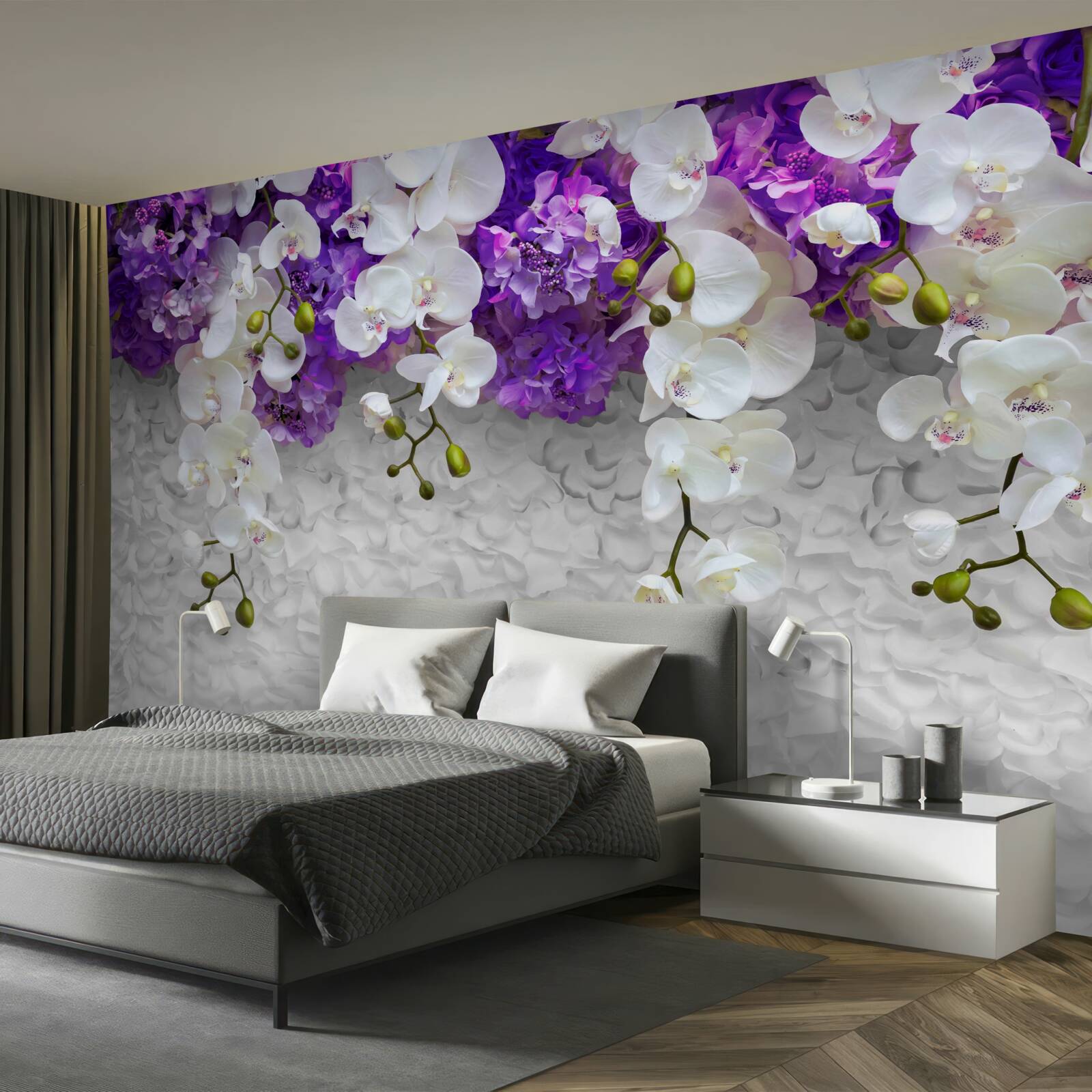 Papier peint barrière de plantes violettes et orchidée blanche