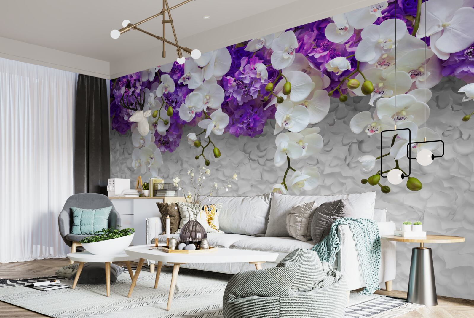 Papier peint barrière de plantes violettes et orchidée blanche