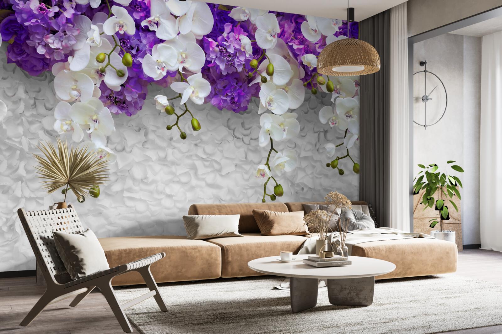 Papier peint barrière de plantes violettes et orchidée blanche