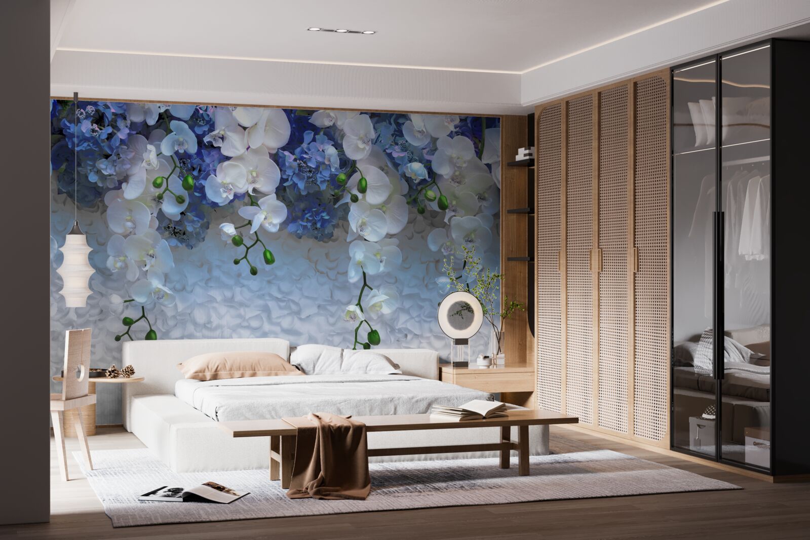 Papier peint fleurs bleues et blanches tombantes