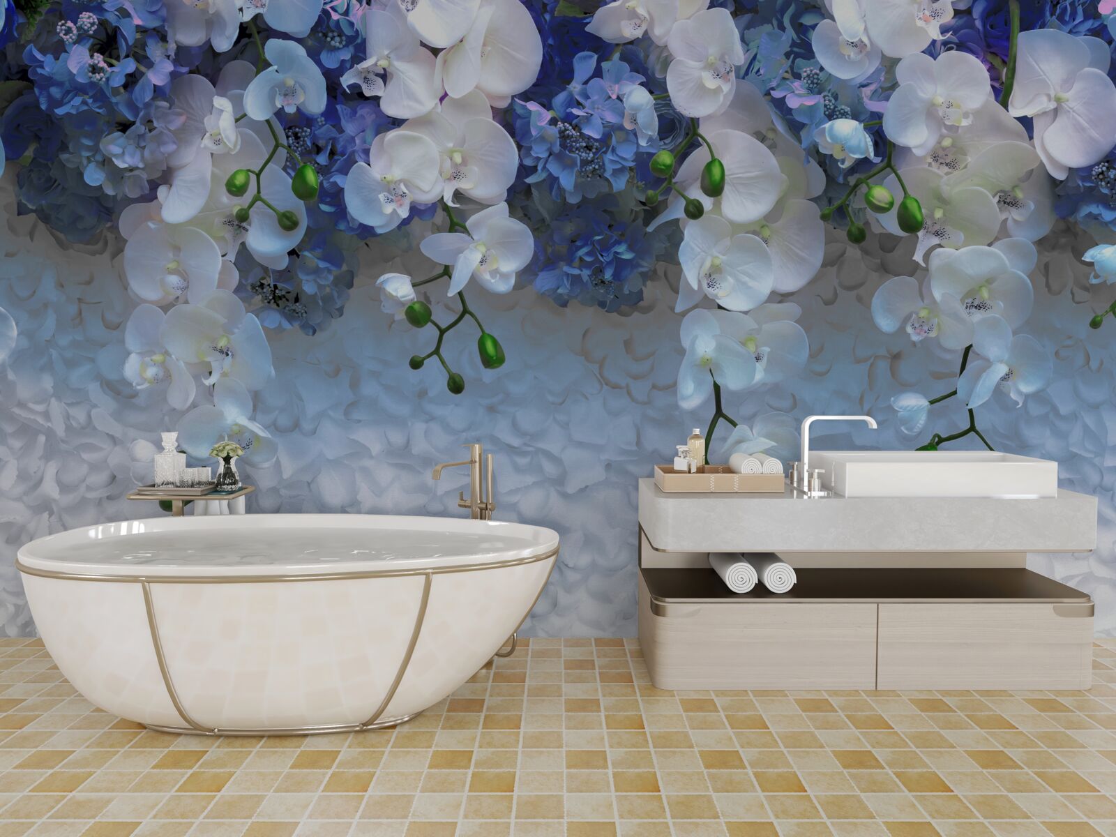 Papier peint fleurs bleues et blanches tombantes