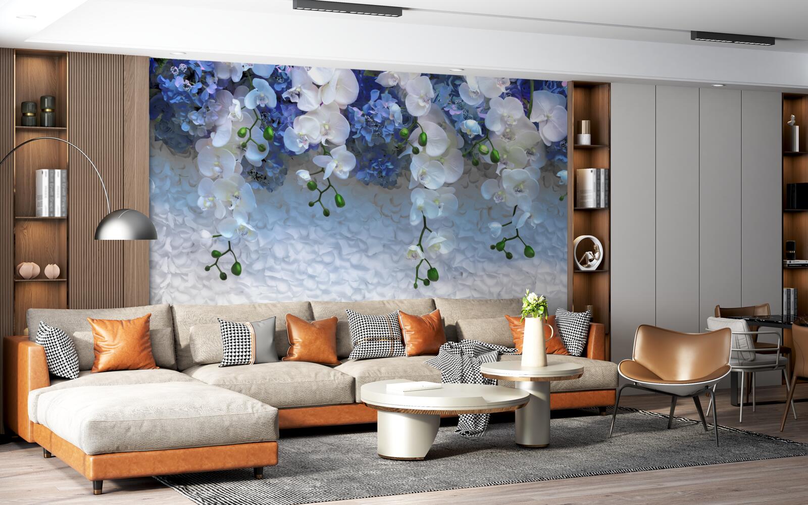 Papier peint fleurs bleues et blanches tombantes