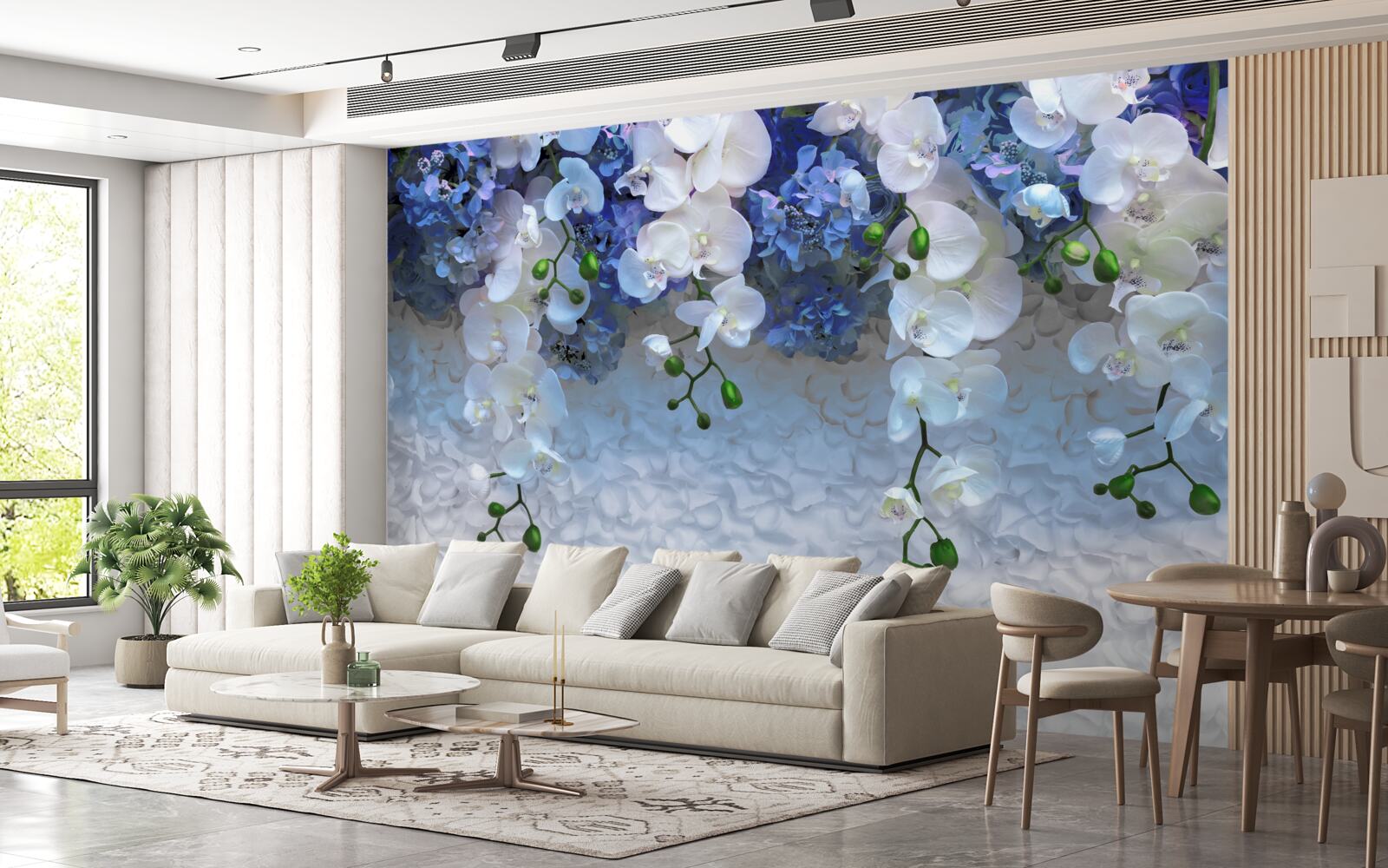 Papier peint fleurs bleues et blanches tombantes