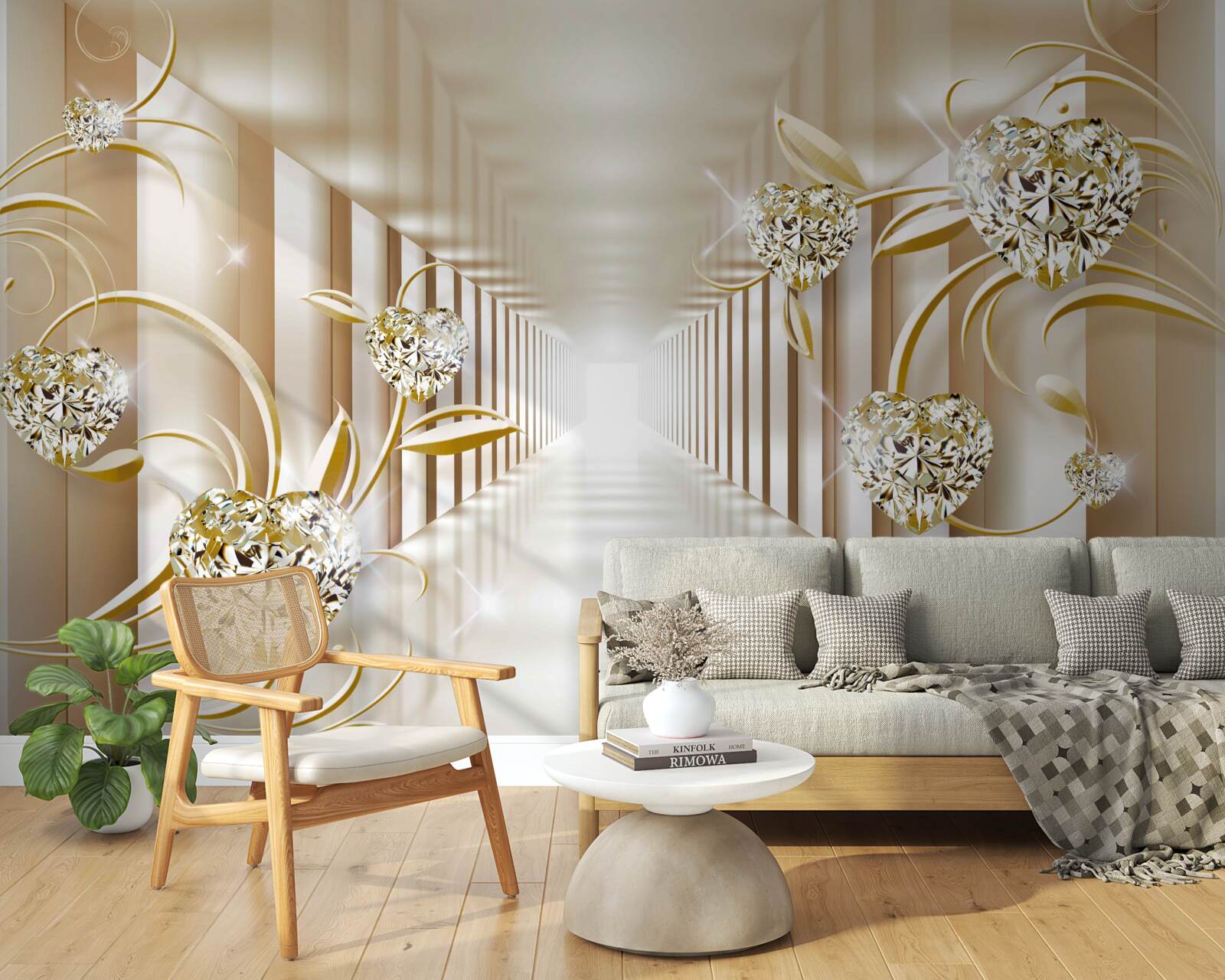 Papier peint couloir avec décorations dorées et colonnes abstraites