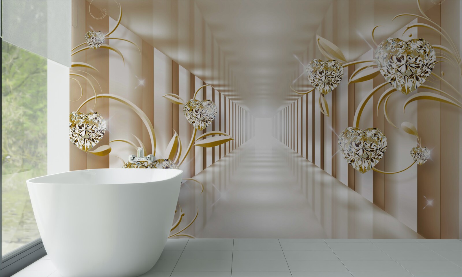 Papier peint couloir avec décorations dorées et colonnes abstraites