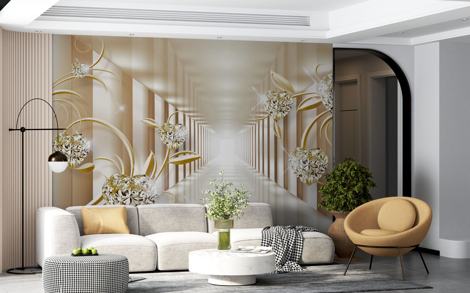 Papier peint couloir avec décorations dorées et colonnes abstraites