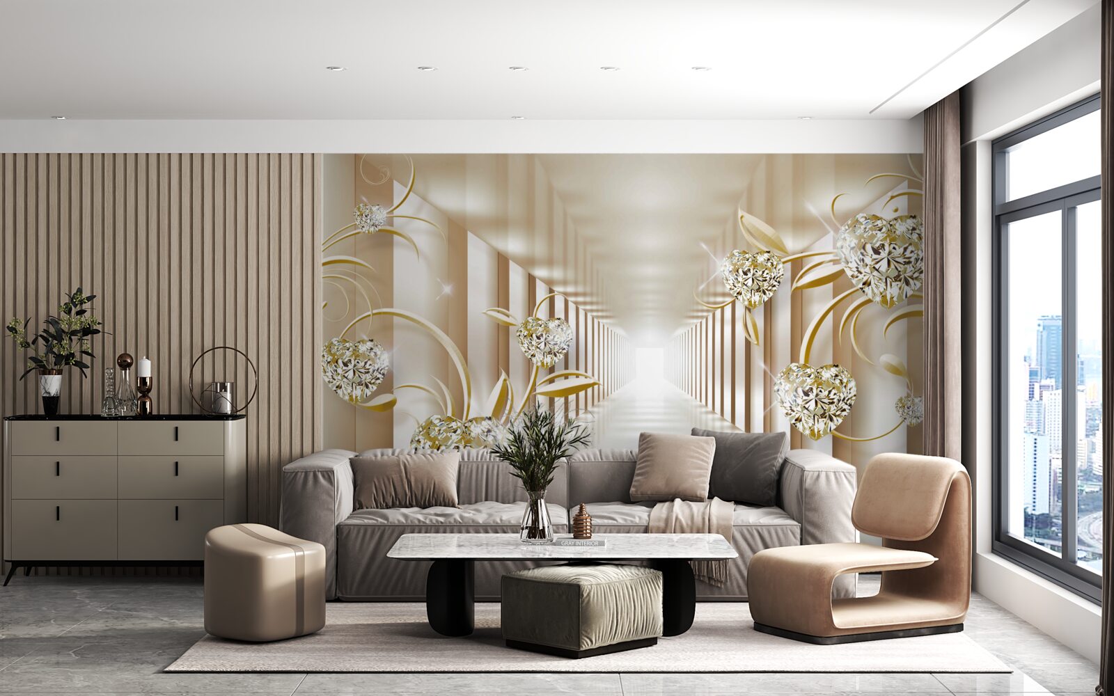 Papier peint couloir avec décorations dorées et colonnes abstraites