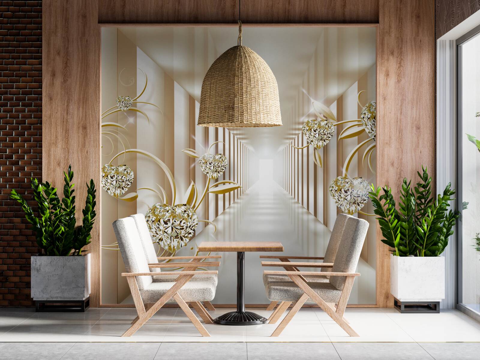 Papier peint couloir abstrait décoré d'objets en or