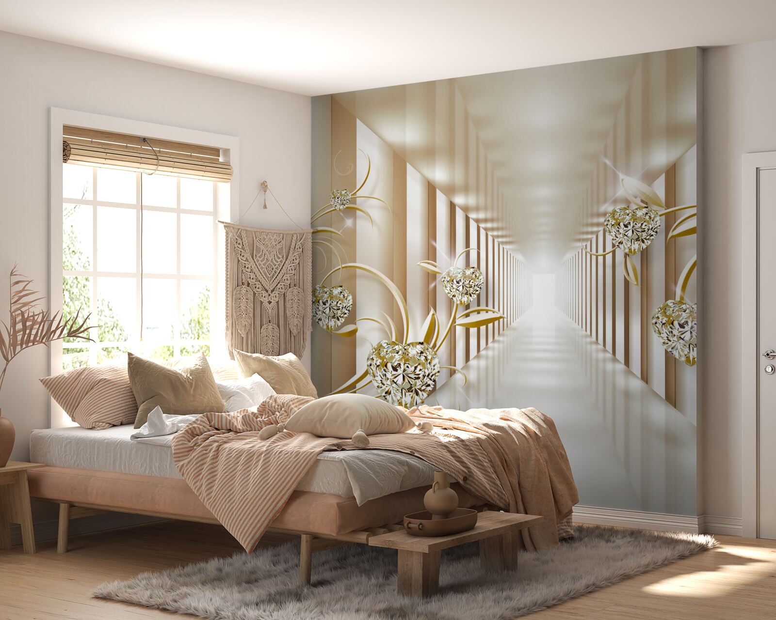 Papier peint couloir abstrait décoré d'objets en or