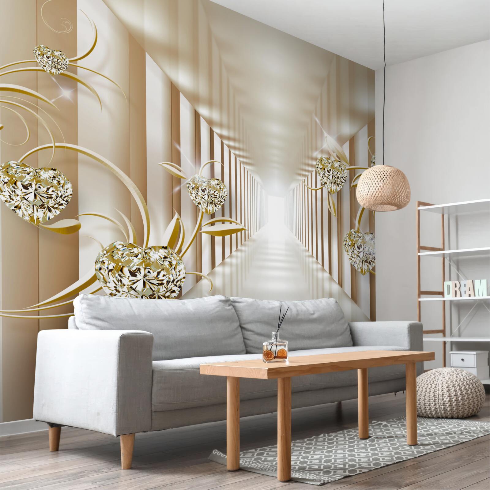 Papier peint couloir abstrait décoré d'objets en or