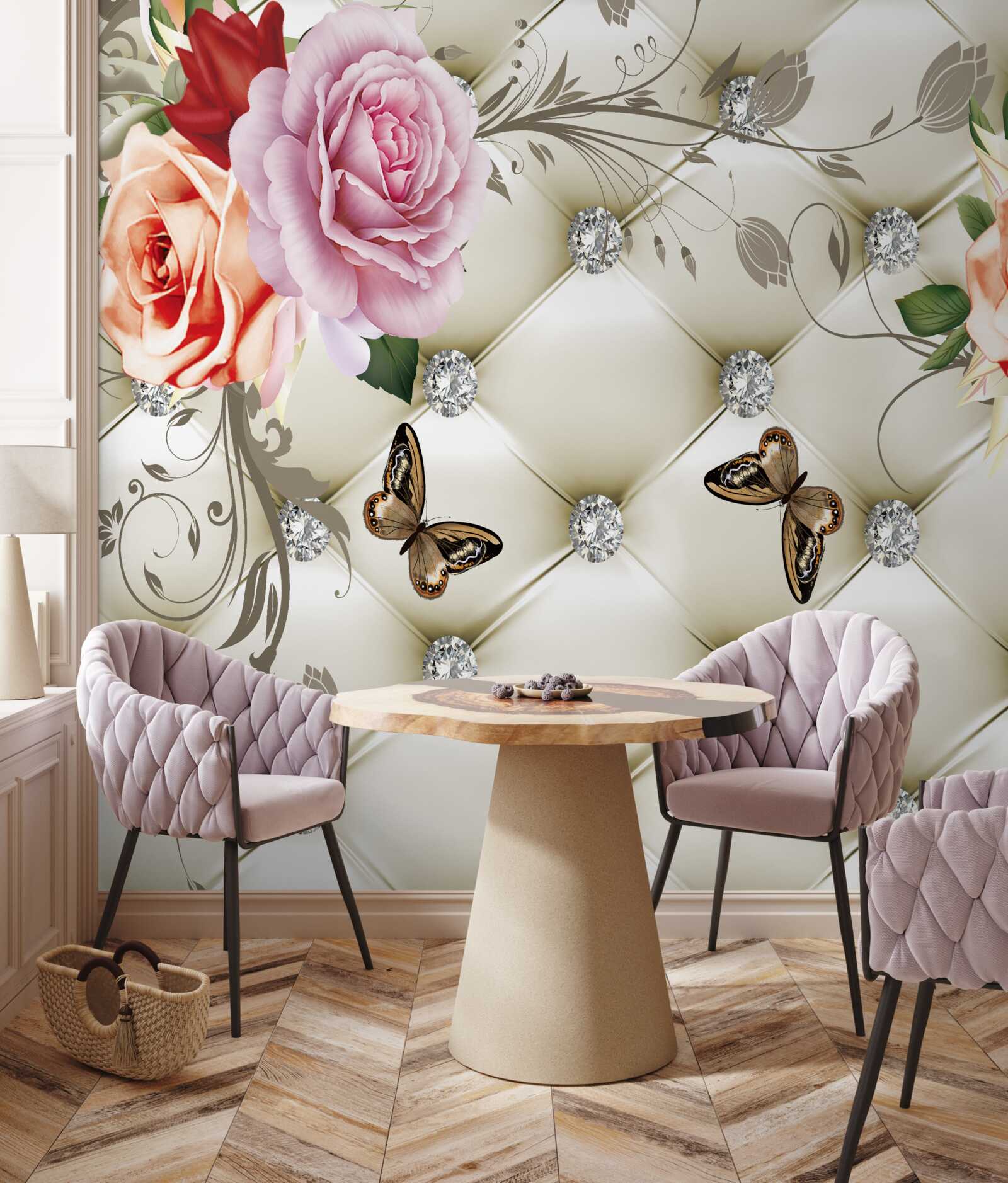 Papier peint décoration en tissu en forme de papillons et de roses