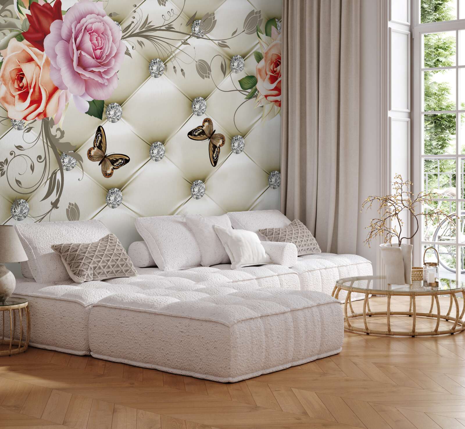 Papier peint décoration en tissu en forme de papillons et de roses