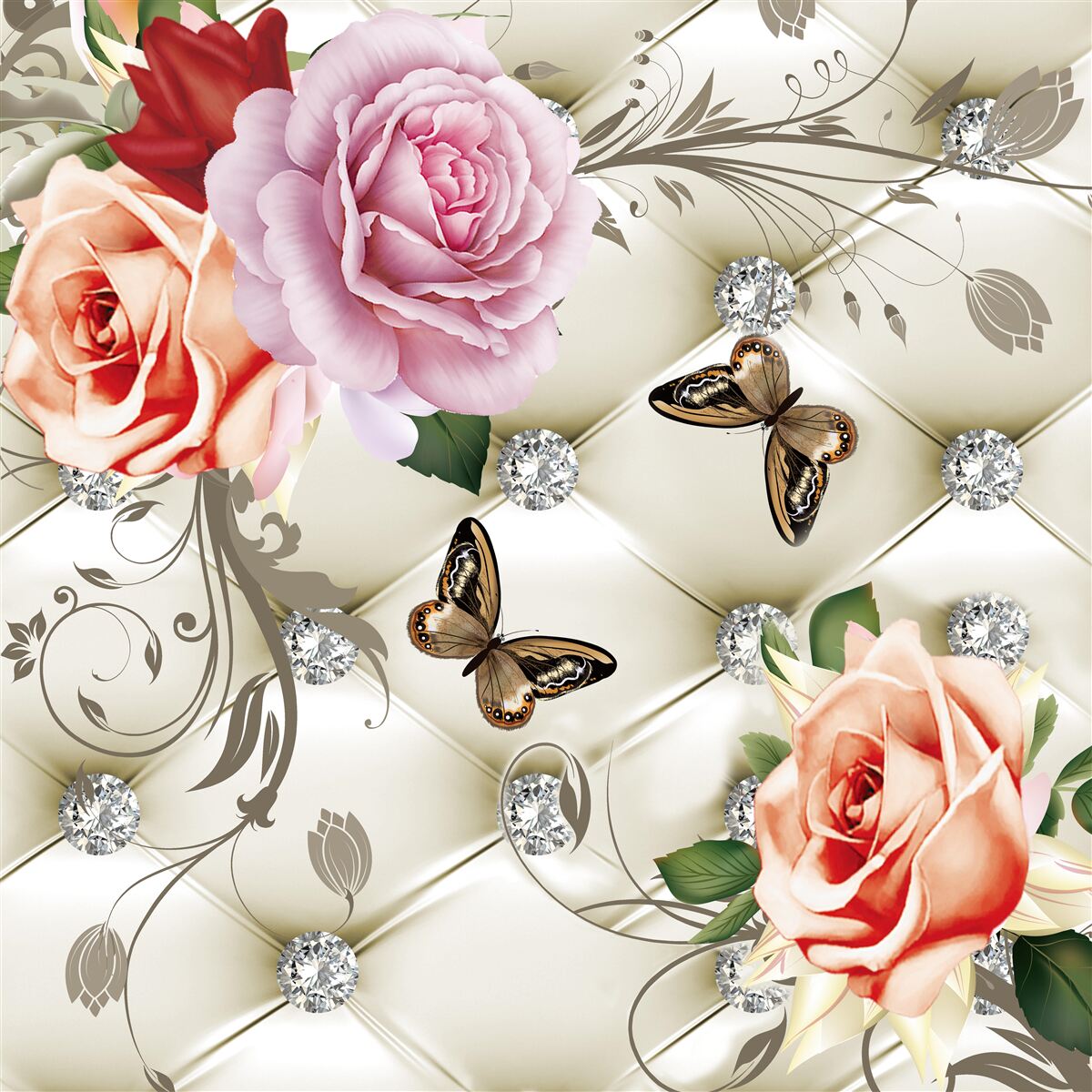 Papier peint roses perlées avec papillons brillants sur les boutons