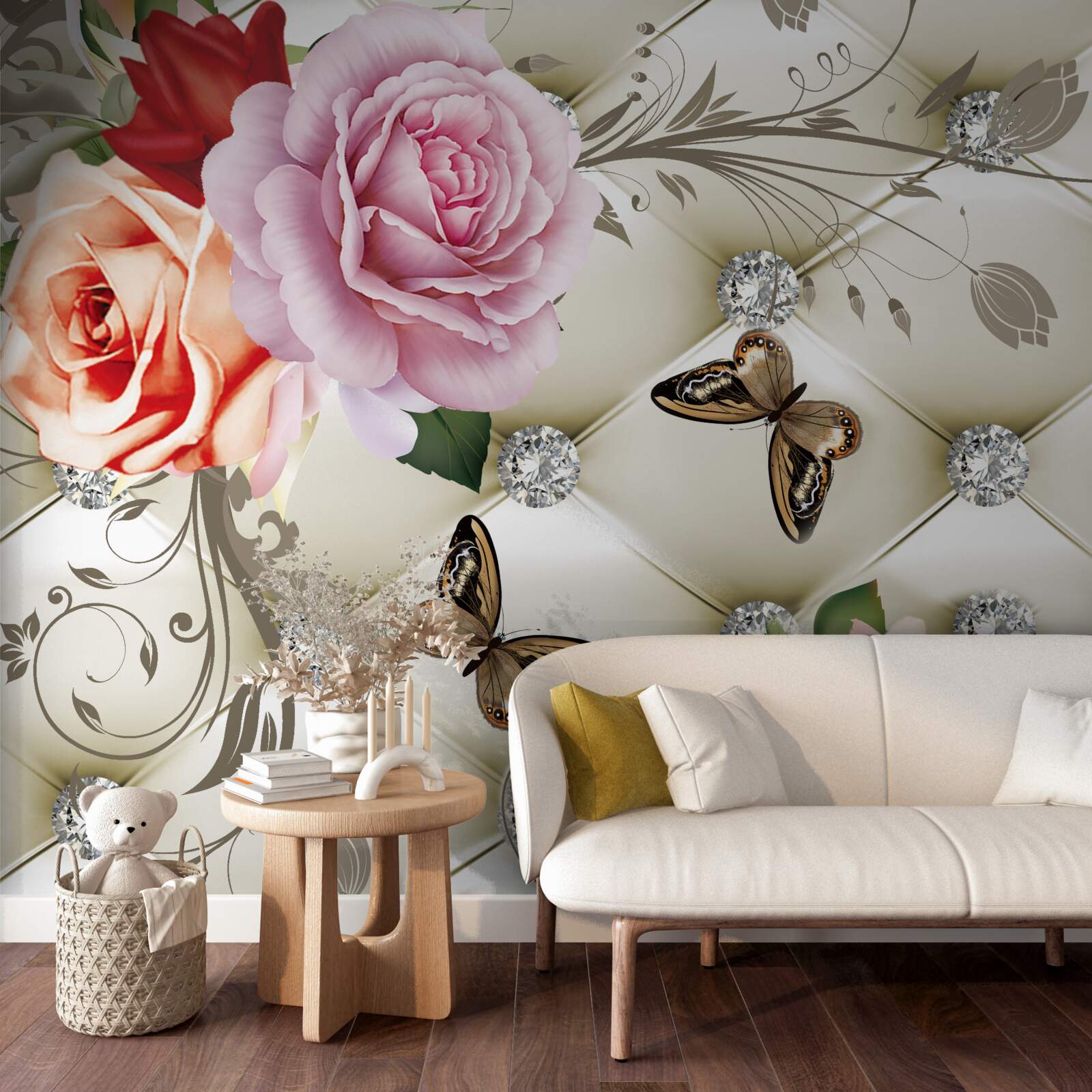 Papier peint roses perlées avec papillons brillants sur les boutons