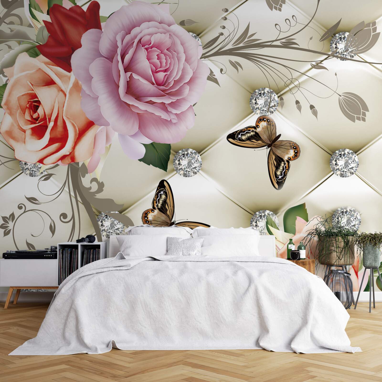 Papier peint roses perlées avec papillons brillants sur les boutons