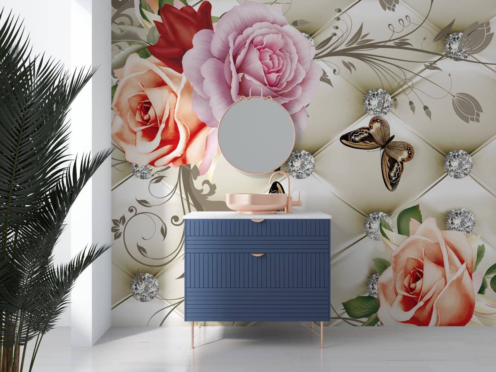 Papier peint roses perlées avec papillons brillants sur les boutons