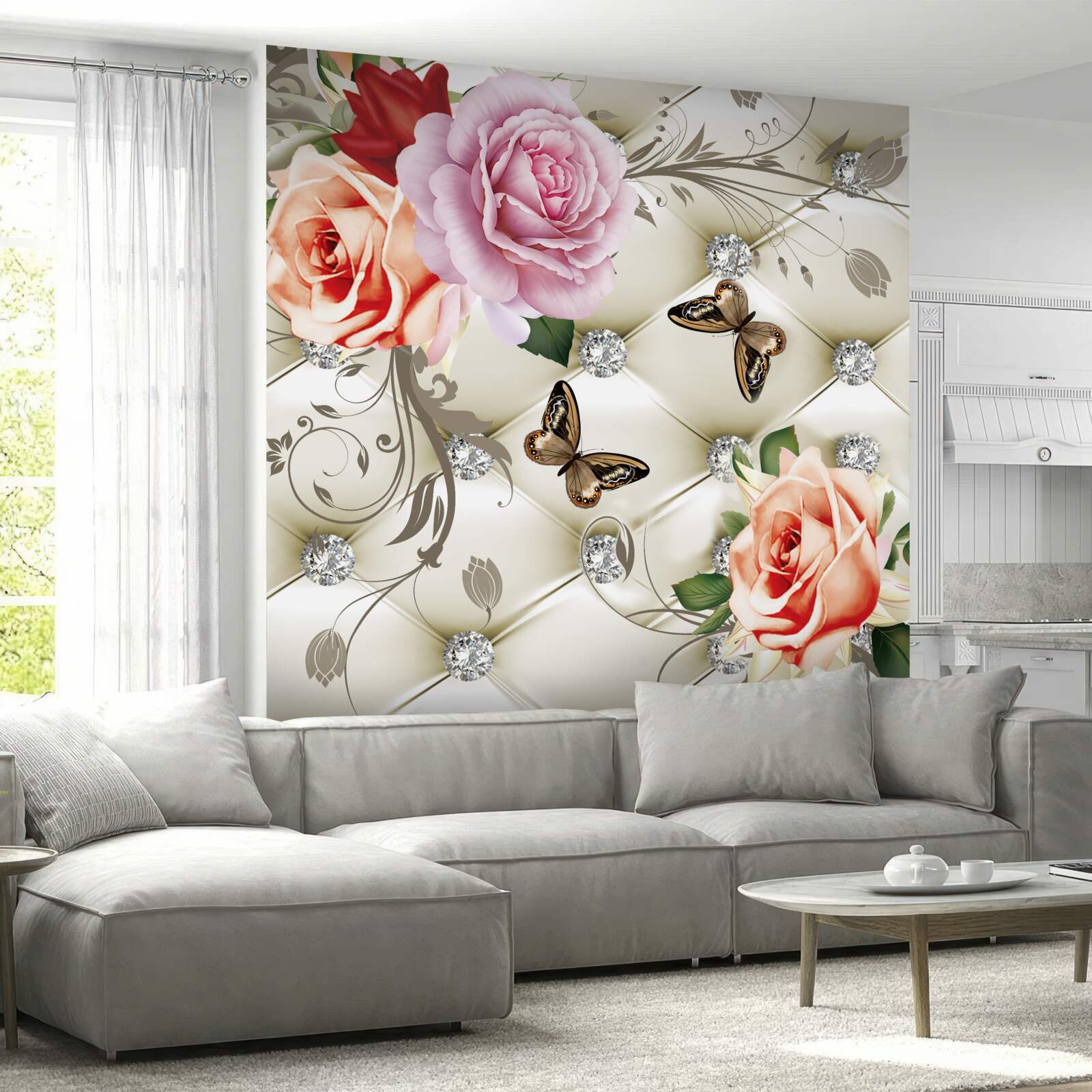 Papier peint roses perlées avec papillons brillants sur les boutons