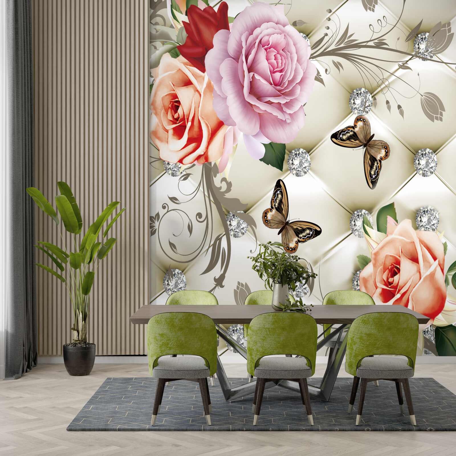 Papier peint fond abstrait décoré de perles, de fleurs et de roses