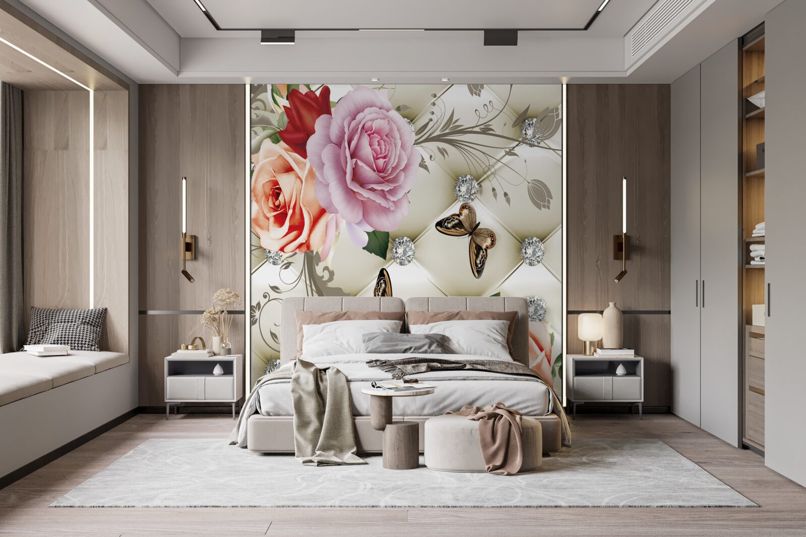 Papier peint fond abstrait décoré de perles, de fleurs et de roses