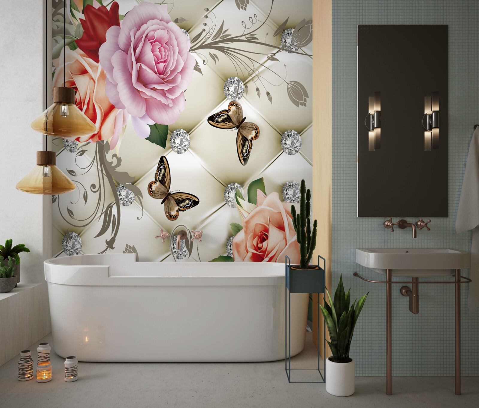 Papier peint fond abstrait décoré de perles, de fleurs et de roses