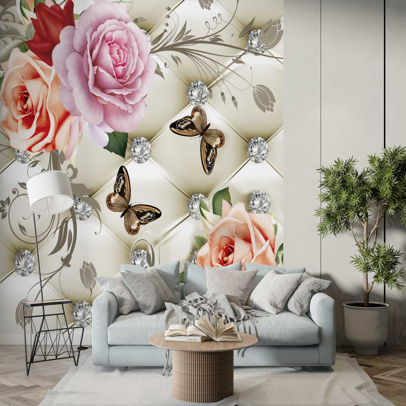 Papier peint fond abstrait décoré de perles, de fleurs et de roses