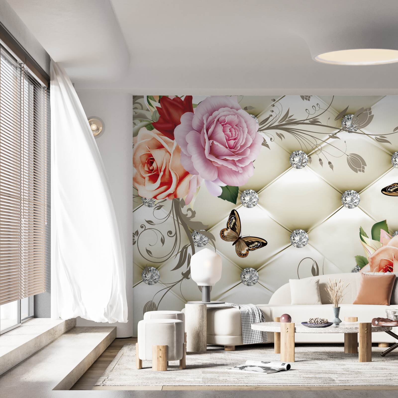 Papier peint roses pêche et violettes avec papillons