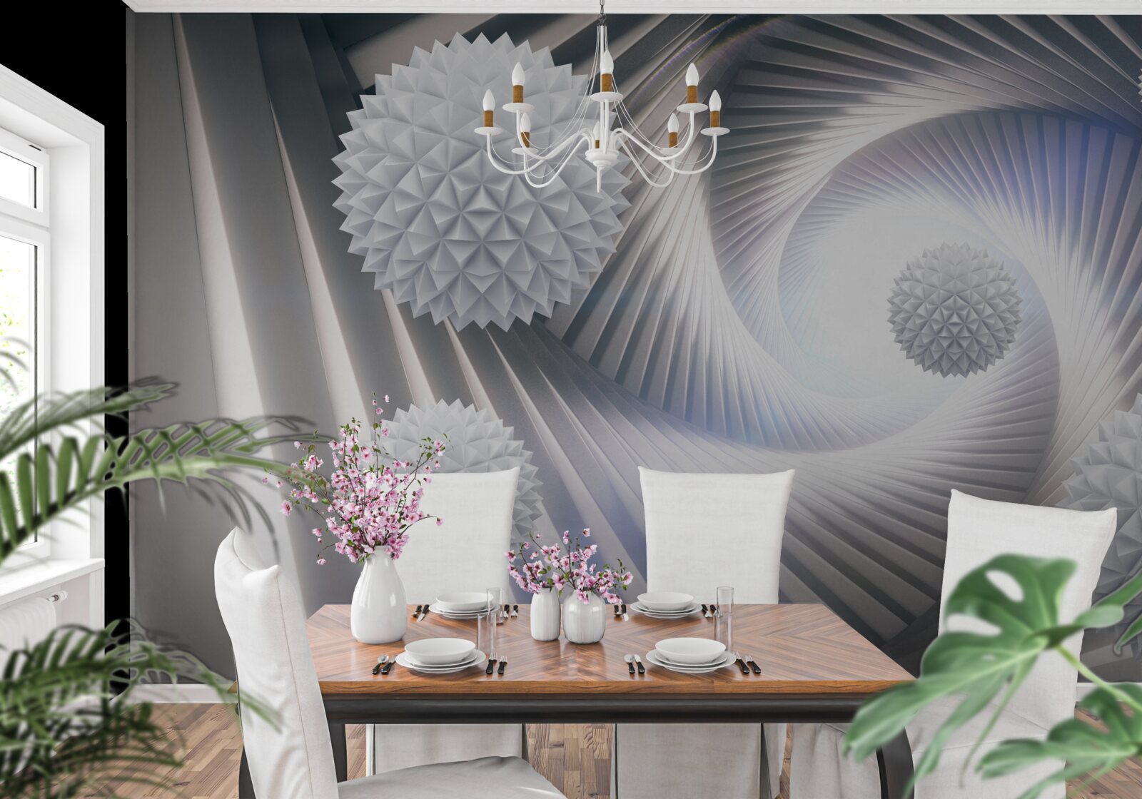 Papier peint tourbillon en dentelle de boules blanches étagées