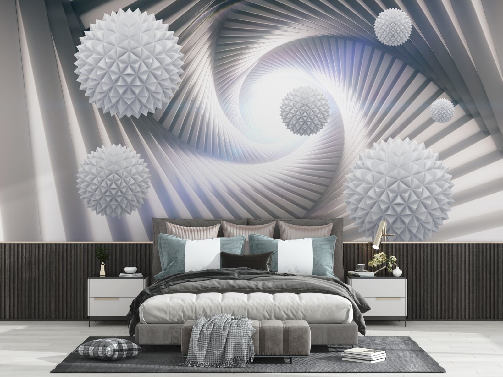 Papier peint tourbillon en dentelle de boules blanches étagées