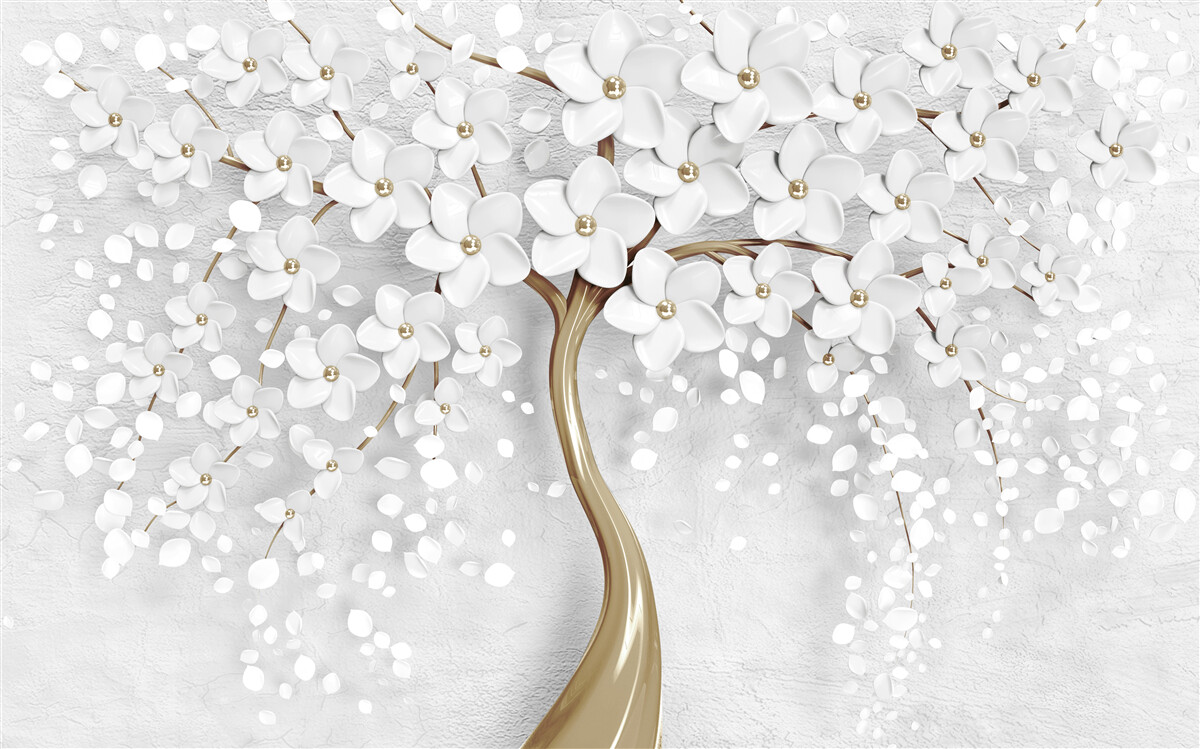 Papier peint fleurs blanches et lilas sur un arbre mature