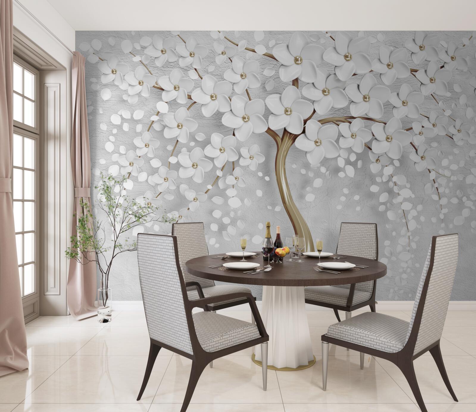 Papier peint fleurs blanches et lilas sur un arbre mature