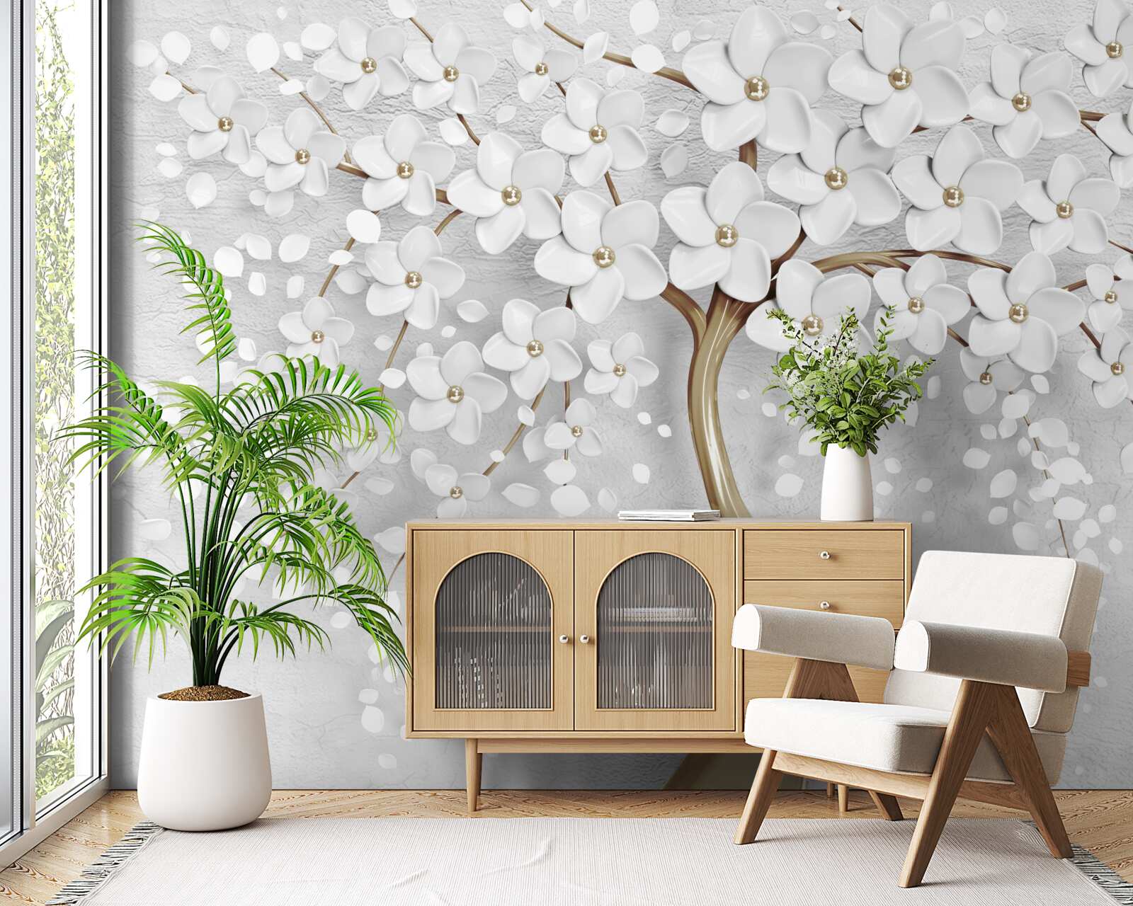 Papier peint fleurs blanches et lilas sur un arbre mature