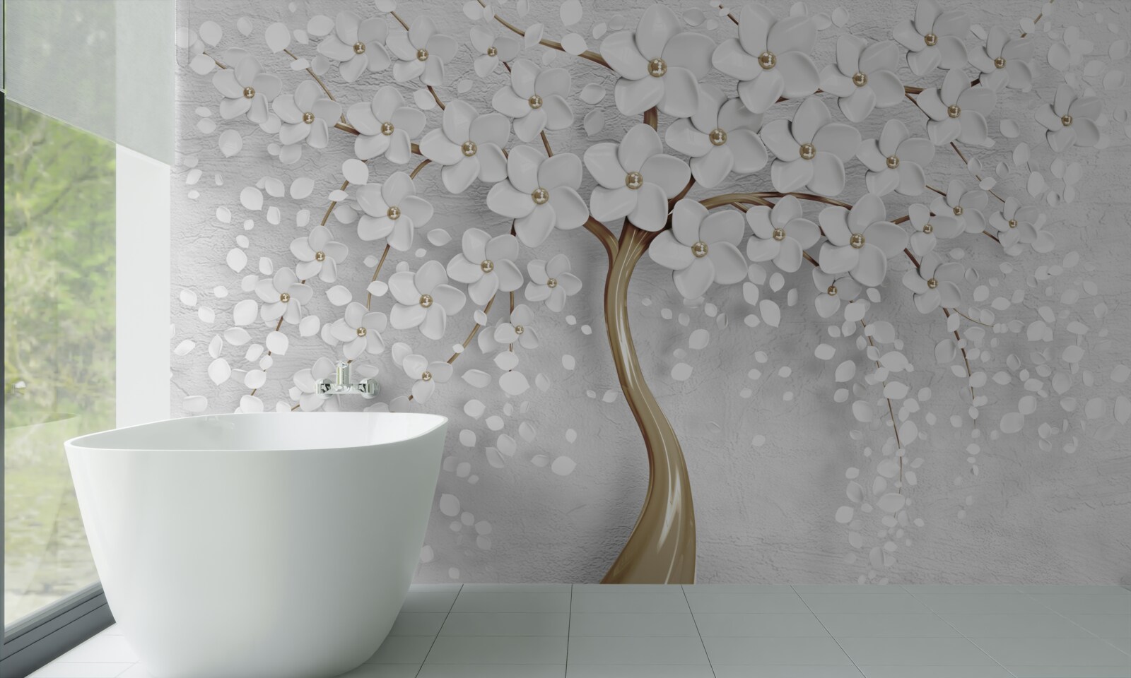 Papier peint fleurs blanches et lilas sur un arbre mature