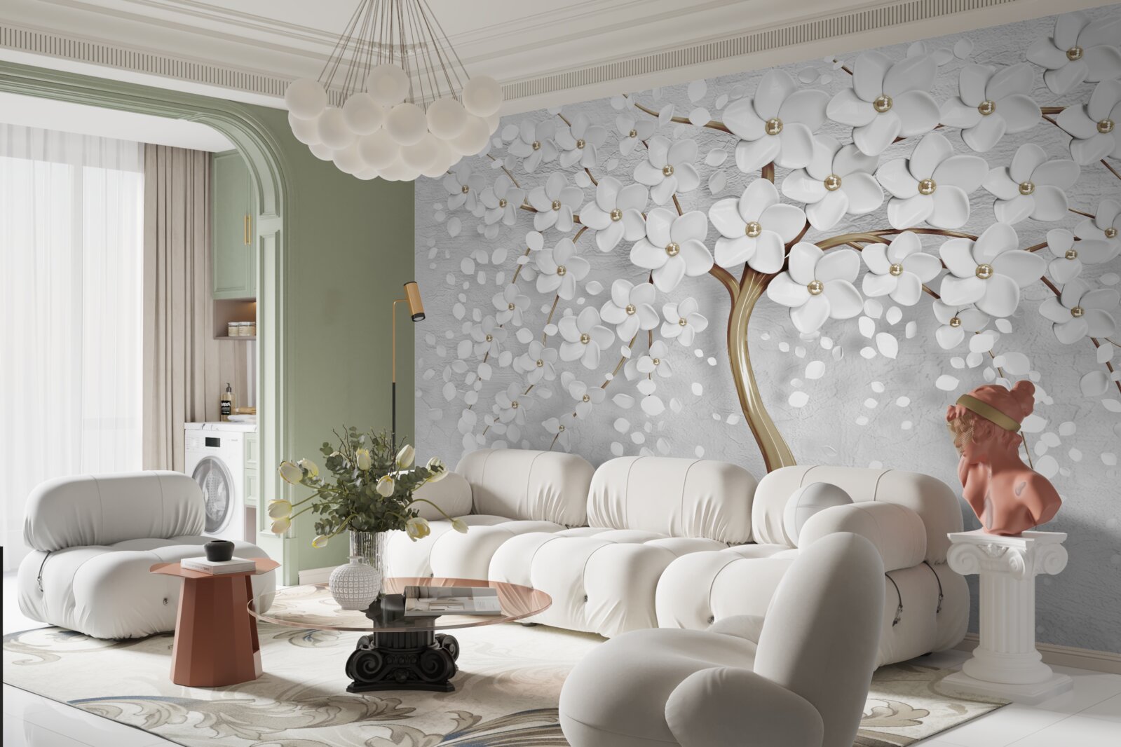 Papier peint fleurs blanches et lilas sur un arbre mature