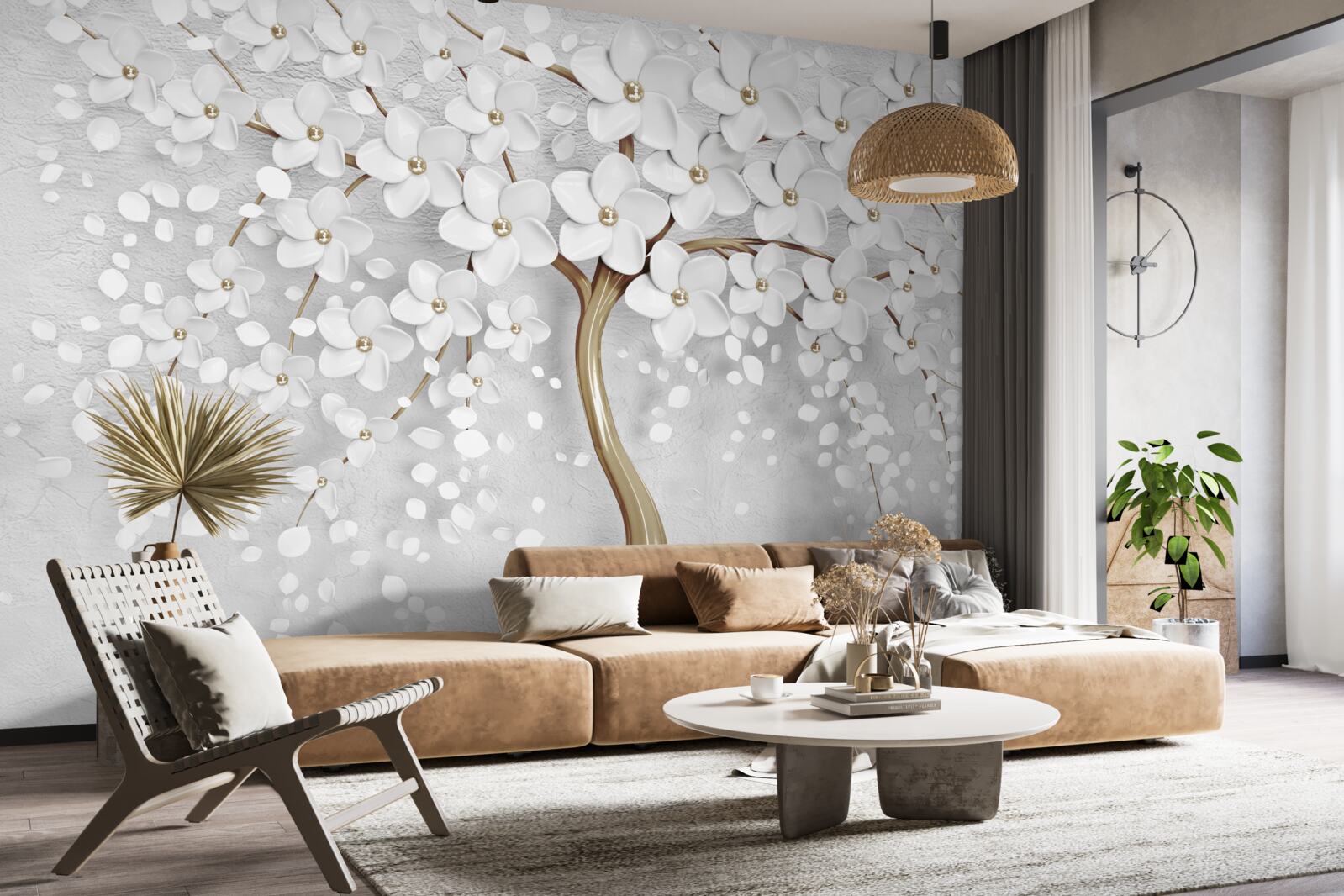 Papier peint fleurs blanches et lilas sur un arbre mature