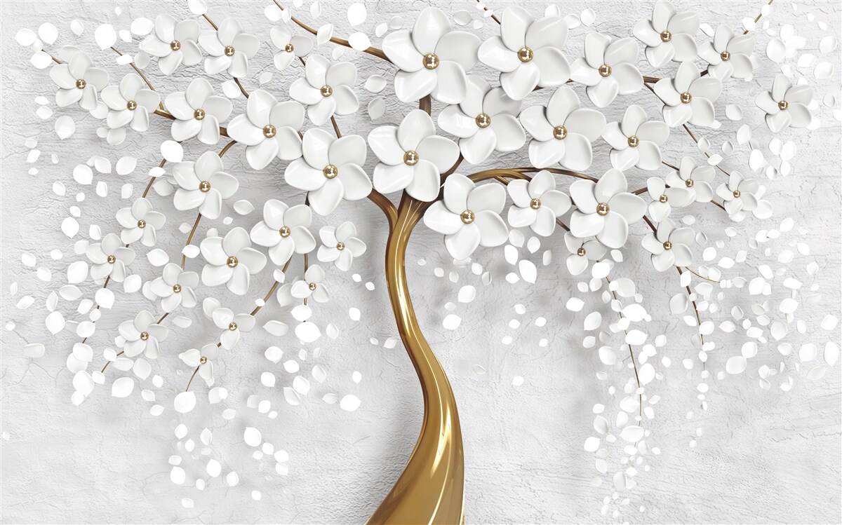 Papier peint arbre à fleurs blanches et au tronc élancé