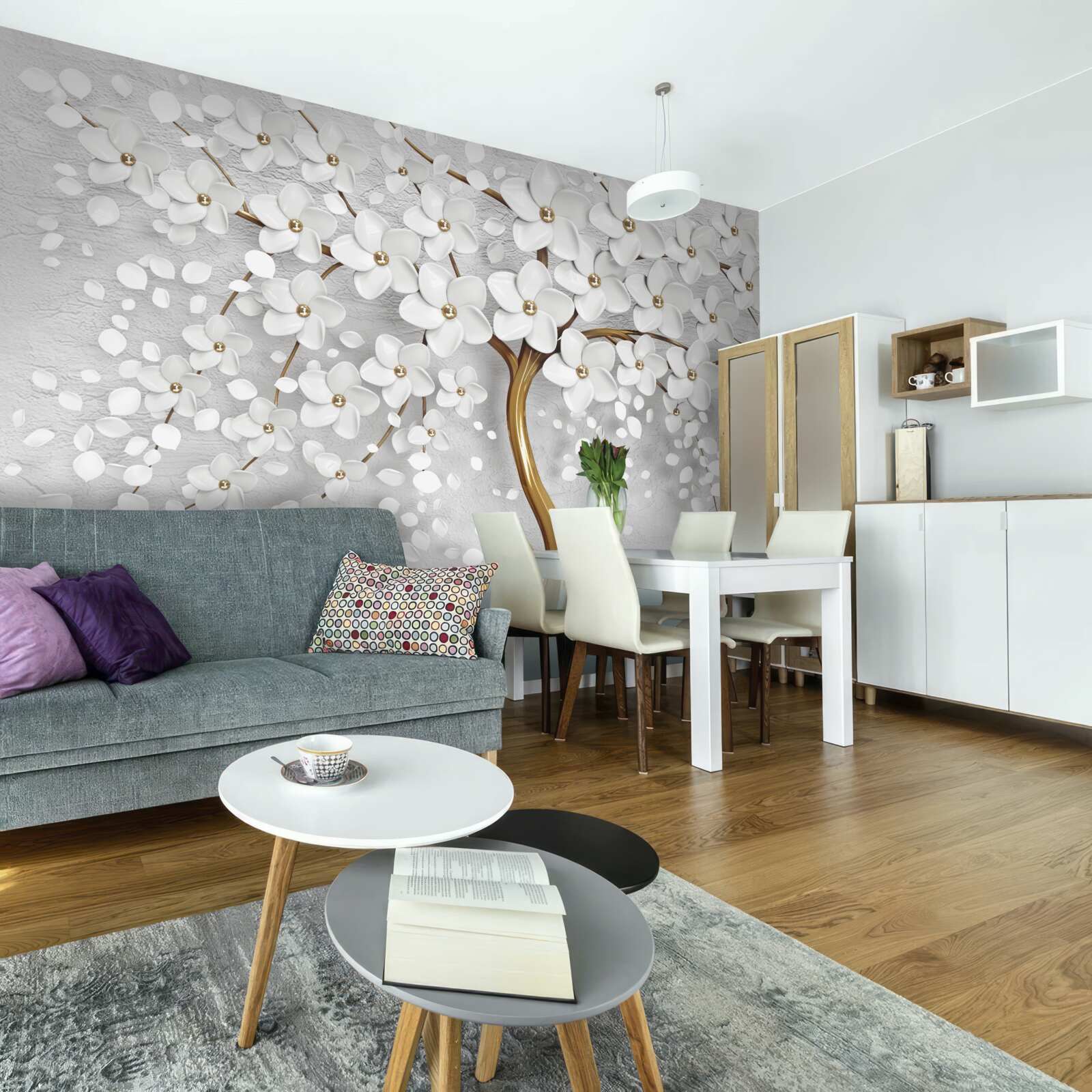 Papier peint arbre à fleurs blanches et au tronc élancé