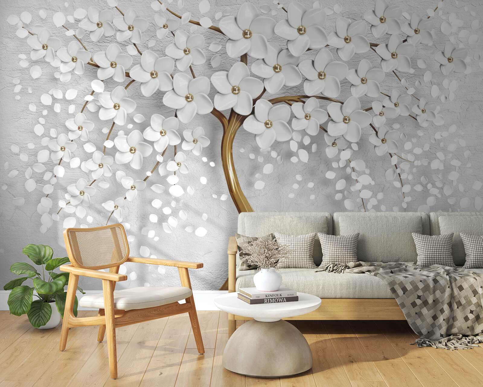 Papier peint arbre à fleurs blanches et au tronc élancé