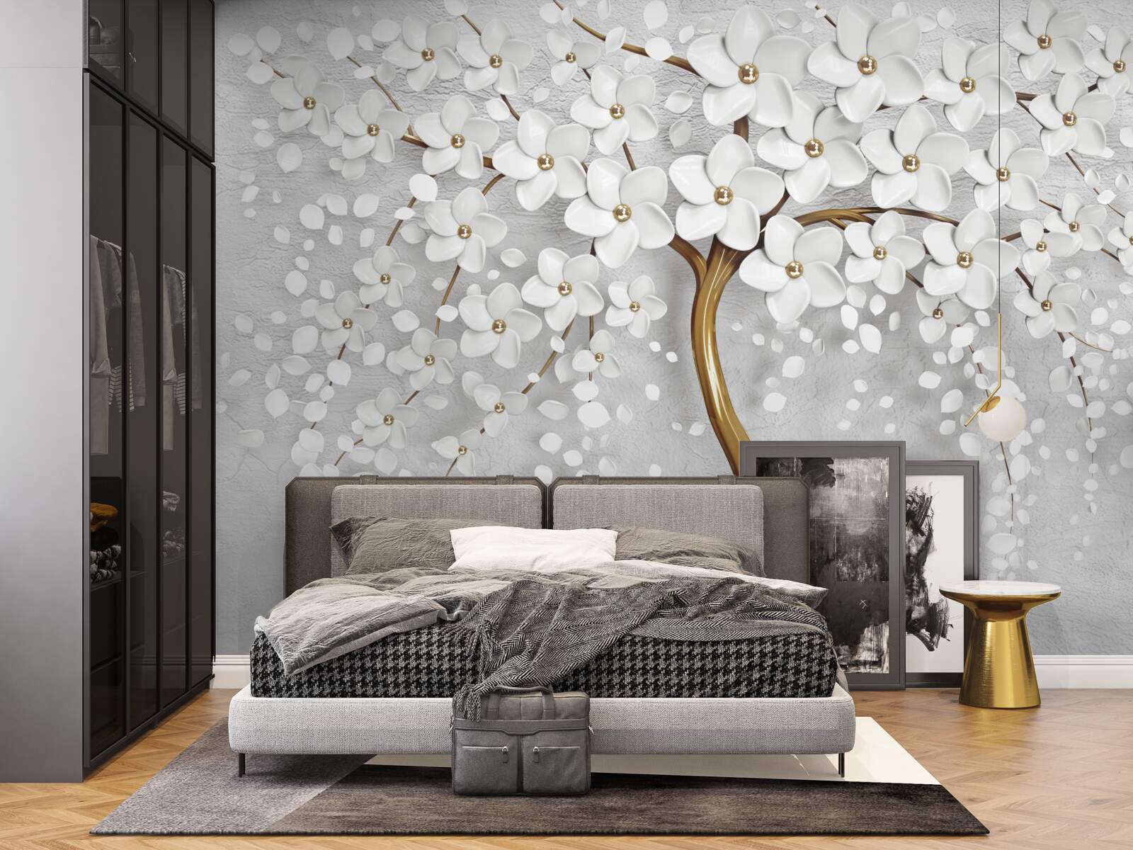 Papier peint arbre à fleurs blanches et au tronc élancé