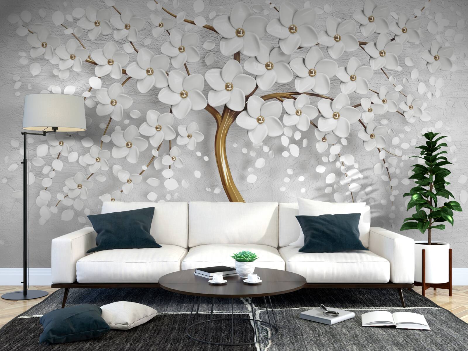 Papier peint arbre à fleurs blanches et au tronc élancé